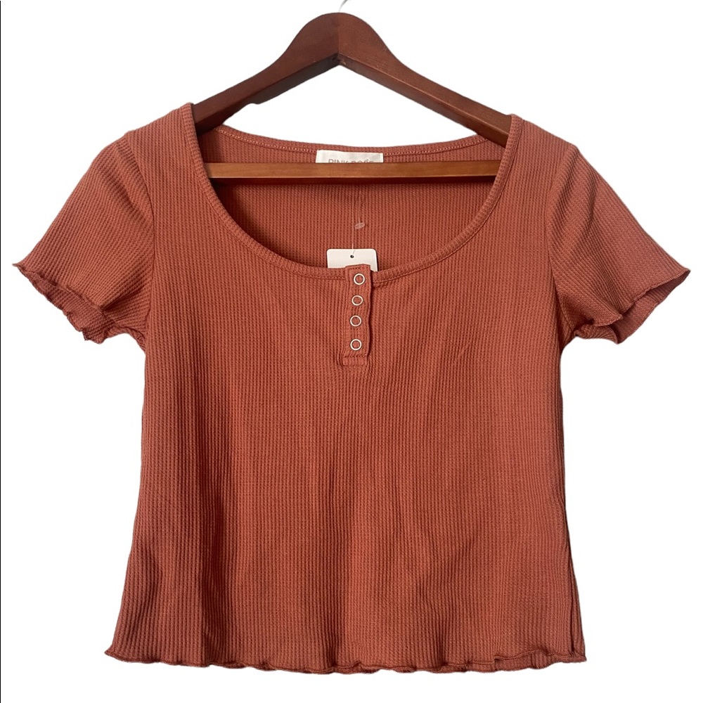 Pink Rose Short Sleeve Rust Colored Waffle Crop Top